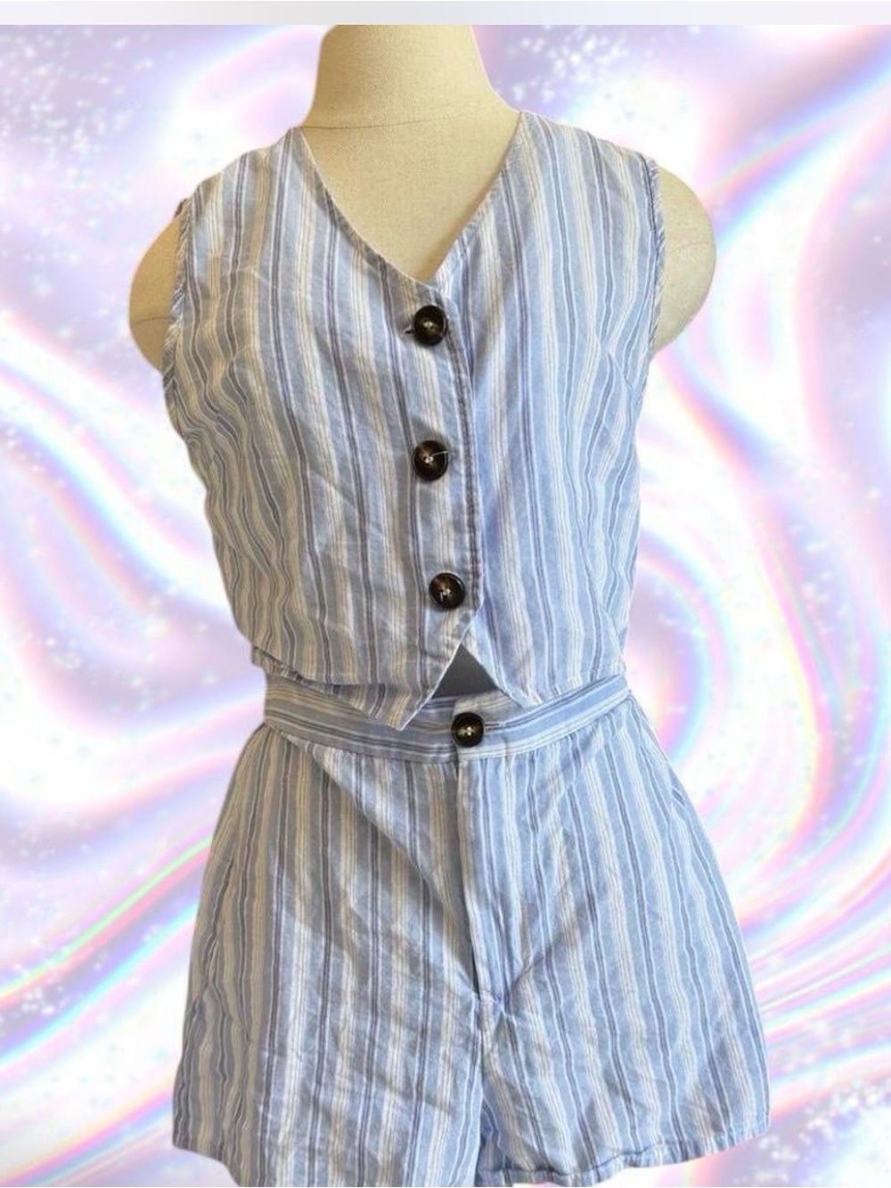 Emery Rose Striped Light Blue Vest - and Shorts Set